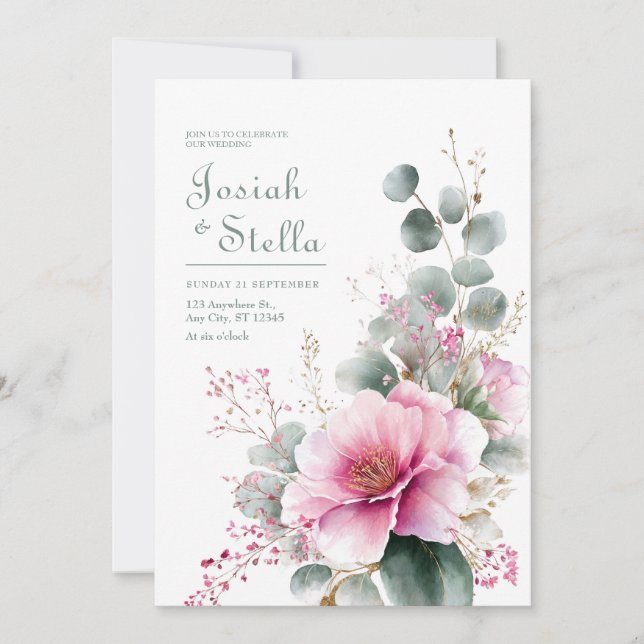 Invitation Pink Bloom Eucalyptus Gold Glitter Watercolor (Devant)