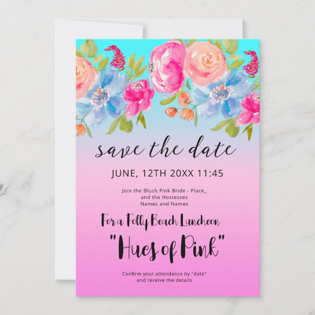 Invitation Pink Blue Beach Gradient Bridal Enregistrer la dat (Devant)