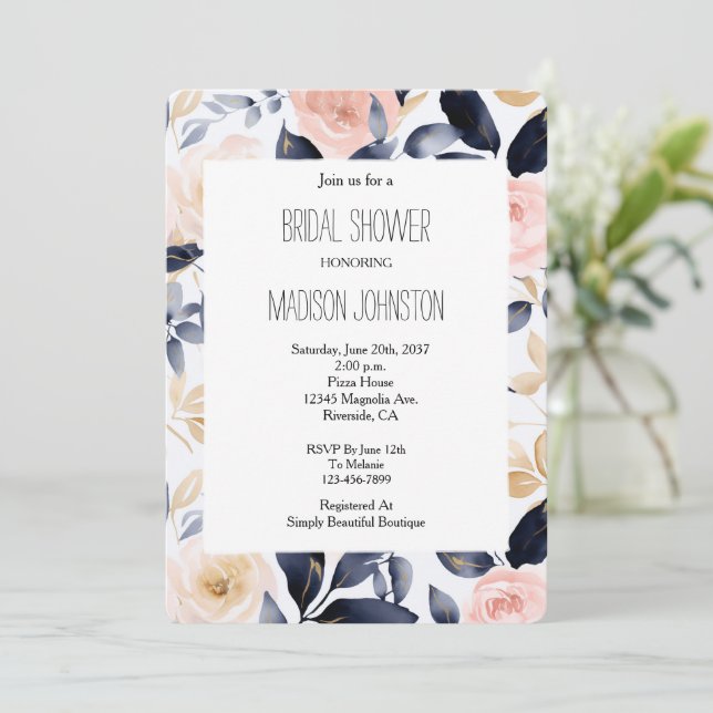 Invitation Pink Blue Cream Floral Bridal Shower (Debout devant)