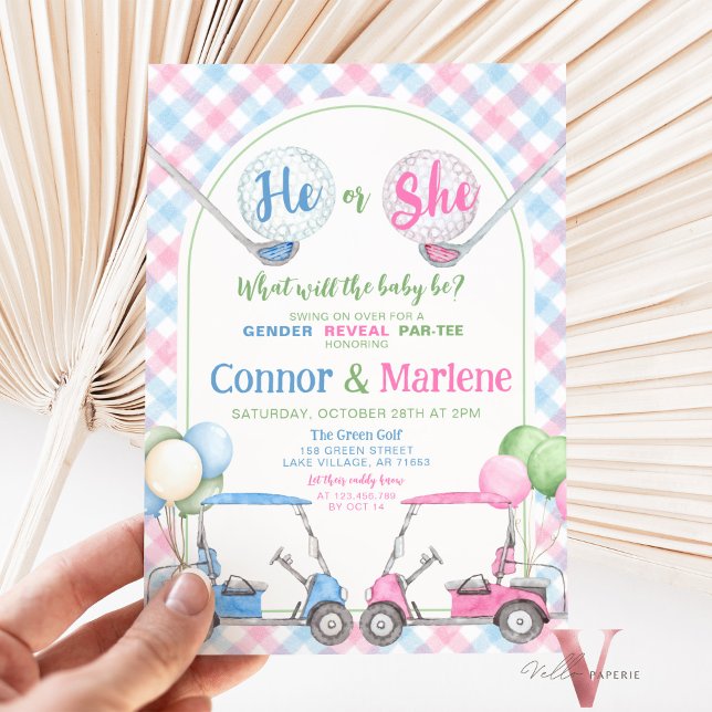 Invitation Pink Blue Genre Révéler Golf Par-TEE Baby shower (Créateur téléchargé)