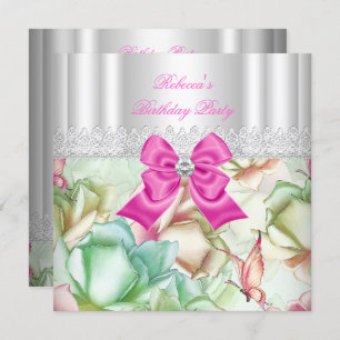 Invitation Pink Blue Green Floral dentelle fête d'anniversair