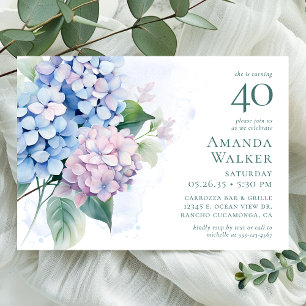 Invitation Pink Blue Hydrangeas fête du 40e anniversaire