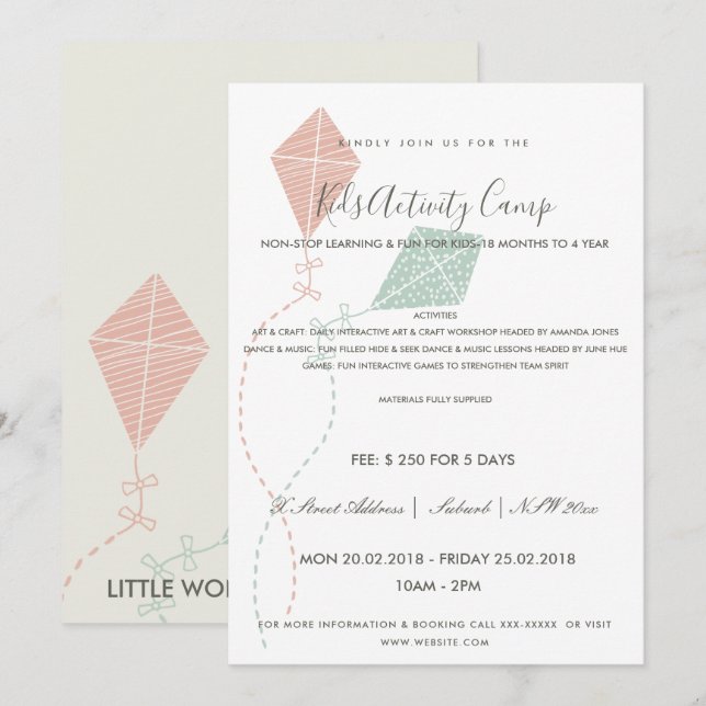 INVITATION PINK BLUE KITE ENFANTS CLASSE D'ACTIVITÉ INVITATIO (Devant / Derrière)