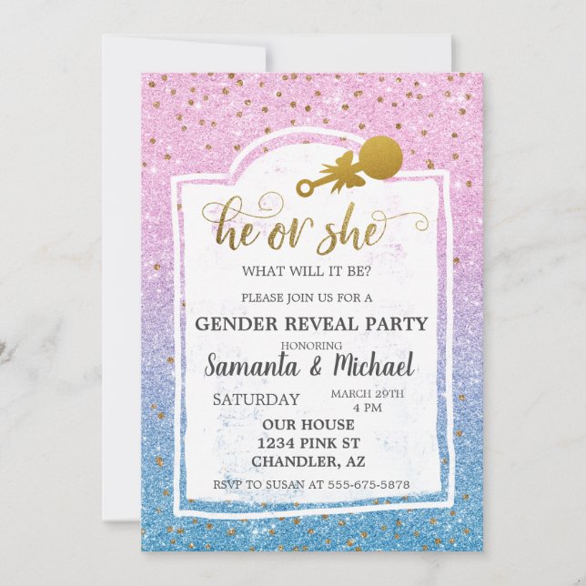 Invitation Pink Blue Ombre Parties scintillant Gold Genre Rev (Devant)