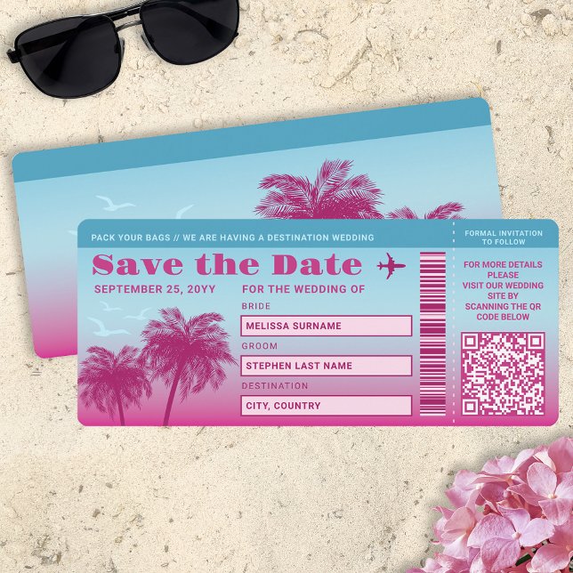 Invitation Pink Blue Palms Faux Embarquement Pass Enregistrer (Créateur téléchargé)