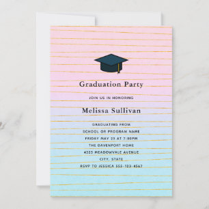 Invitation Pink Blue Pastel Ombre avec Gold Lines Graduation