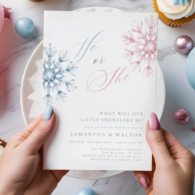 Invitation Pink Blue Snowflakes Party de révélation genre (Créateur téléchargé)