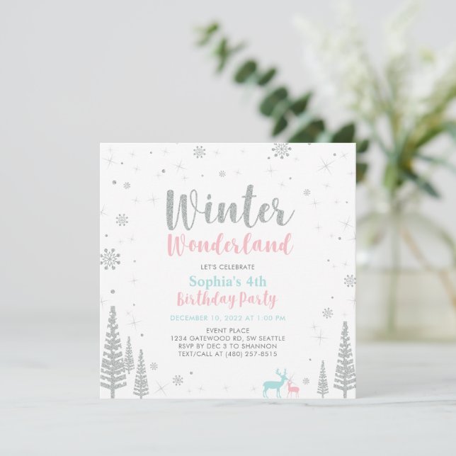 Invitation Pink & Blue Winter Wonderland Girl Anniversaire (Debout devant)