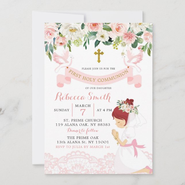 Invitation Pink Blush Floral Red Hair Première communion sain (Devant)