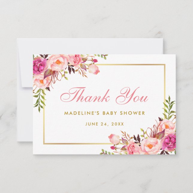 Invitation Pink Blush Gold Floral Baby shower Merci P (Devant)