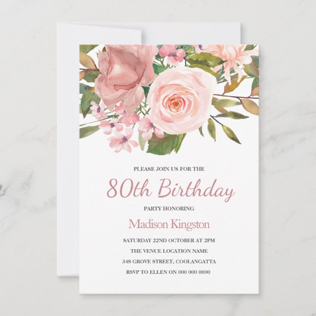 Invitation Pink Blush Rose Gold 80th Birthday Party Invitatio (Devant)