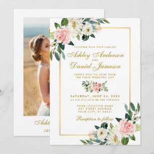 Invitation Pink Blush White Floral Gold Mariage Photo Retour