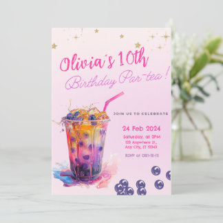 Invitation Pink Boba Tea Girl Anniversaire Fête Ado