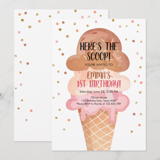 Invitation Pink Boho Ice Cream Cone Confetti Anniversaire Inv (Devant / Derrière)