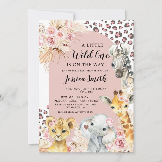 Invitation Pink Boho Safari Party Animaux Fille Baby shower (Devant)