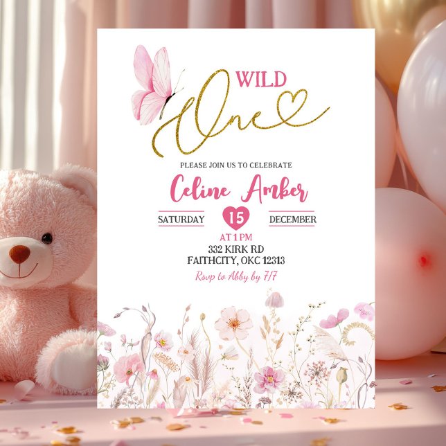 Invitation Pink Boho Wildflower Butterfly First Birthday (Créateur téléchargé)
