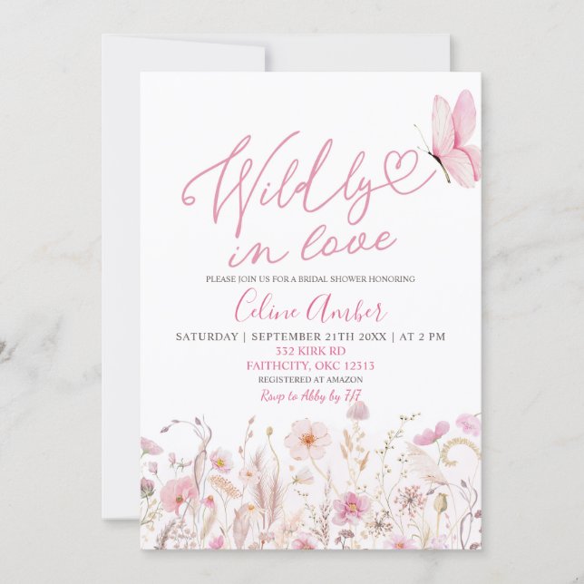Invitation Pink Boho Wildflower Wildly in Love Bridal Shower (Devant)