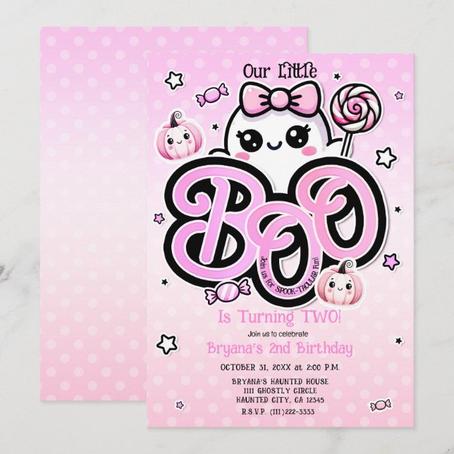 Invitation Pink BOT Petit Fantôme Halloween fête d'anniversai (Devant / Derrière)