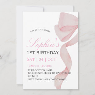 Invitation Pink Bow 1st Birthday Girl F