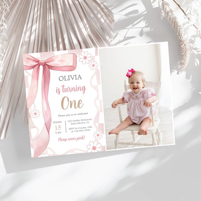 Invitation Pink Bow 1st Birthday Girl Photo (Créateur téléchargé)