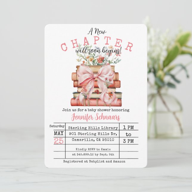 Invitation Pink Bow A New Chapter Baby Shower (Debout devant)