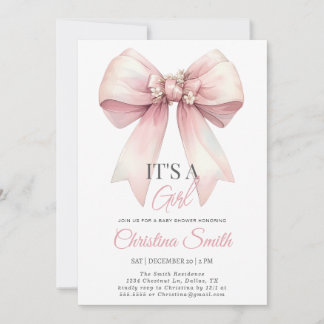Invitation Pink Bow Aquarelle Blush Rose Baby Girl Douche