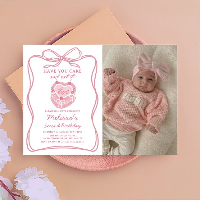 Invitation Pink Bow Ayez Votre Gâteau et Mangez-le deux Anniv (Créateur téléchargé)