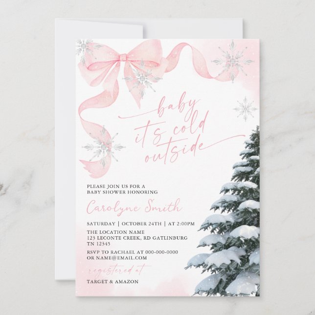 Invitation Pink Bow Baby It's Cold Outside Baby Shower (Devant)