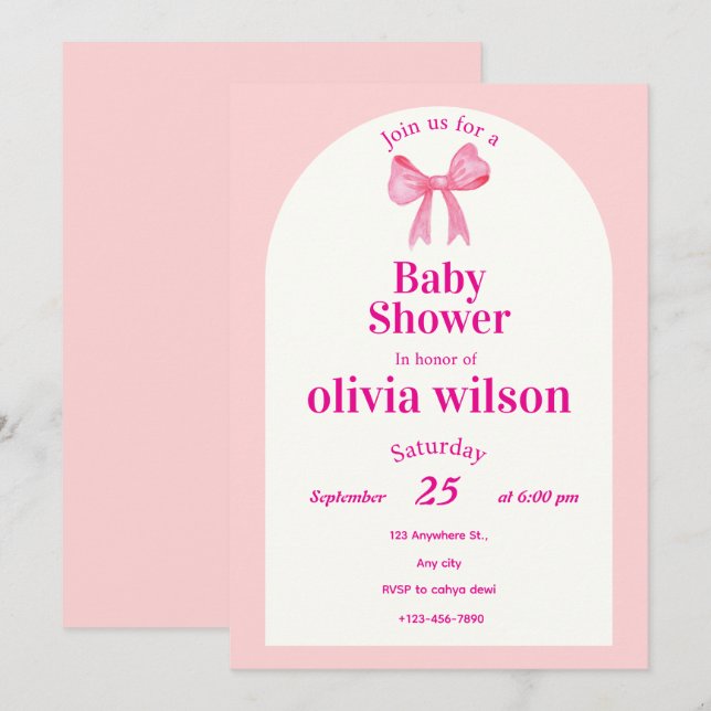 Invitation Pink Bow Baby Shower.elegant baby shower. (Devant / Derrière)