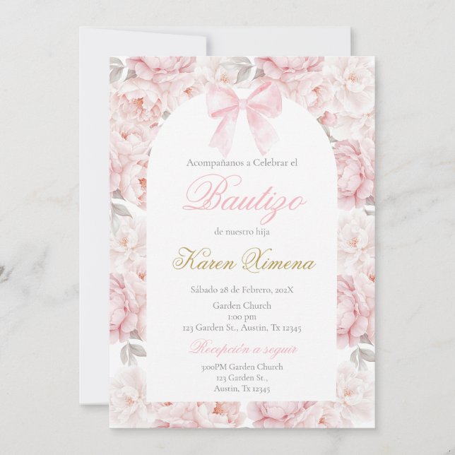 Invitation Pink Bow Baptism espagnol (Devant)