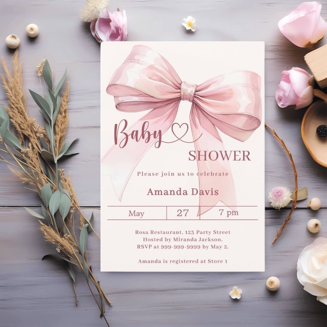 Invitation Pink bow beige cream girl elegant Baby Shower (Créateur téléchargé)