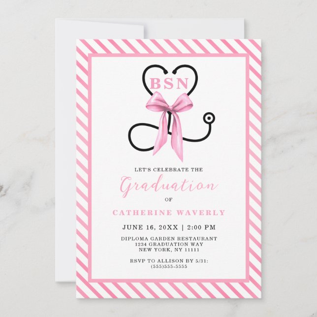Invitation Pink Bow BSN Nurse Graduation Party (Devant)