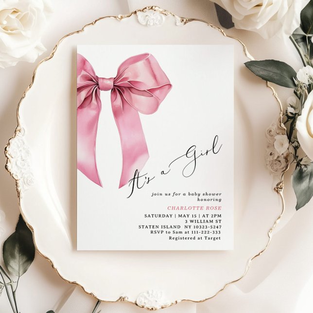Invitation Pink Bow C'est une fille Baby shower élégant (Créateur téléchargé)