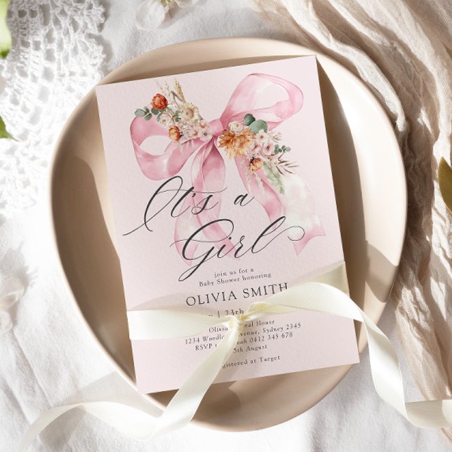 Invitation Pink Bow c'est une fille Baby shower floral (Créateur téléchargé)