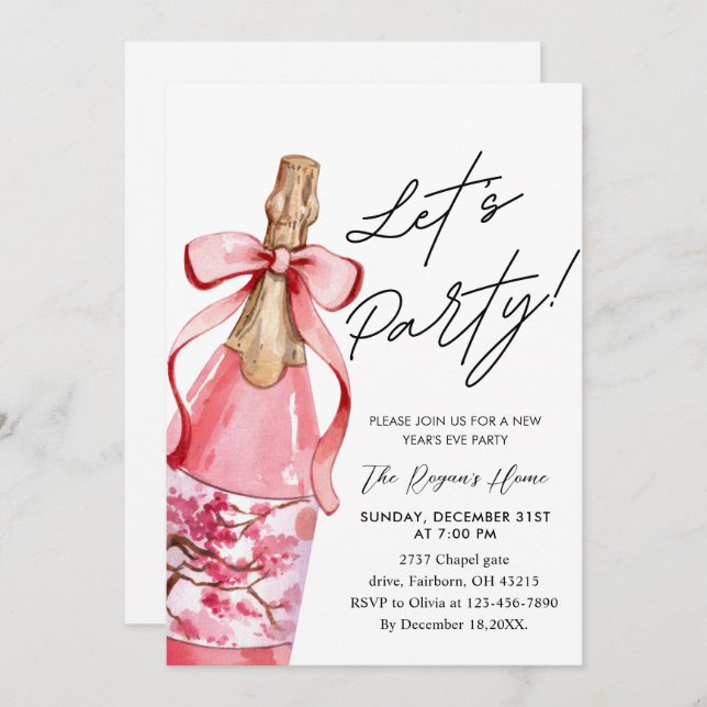 Invitation Pink Bow Champagne Bottle New Year's Eve Party (Devant / Derrière)