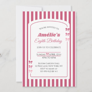 Invitation Pink Bow Coquette Aesthetic Girl Eighth Birthday