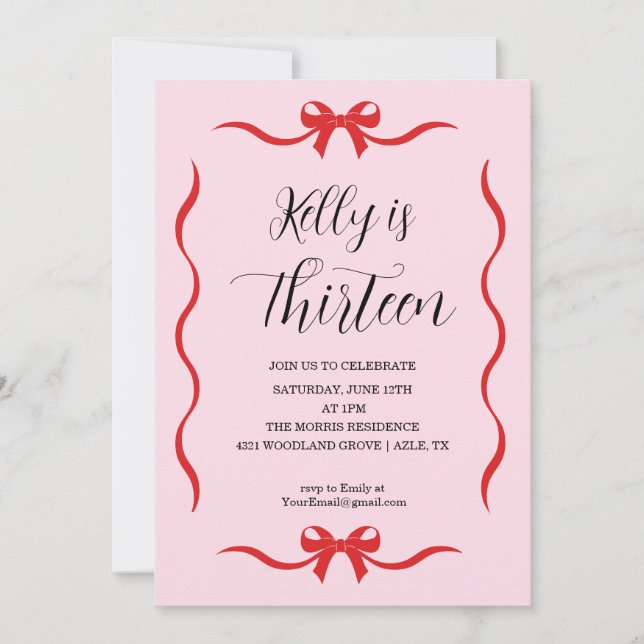 Invitation Pink Bow Coquette Bow Birthday Invitation, 13th (Devant)