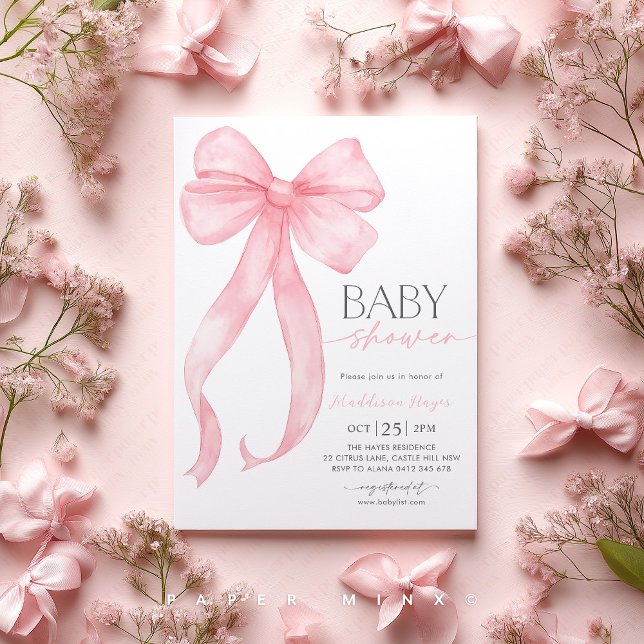Invitation Pink Bow Coquette Girl Baby Douche (Pink Bow Baby Shower Invitation | Baby Girl Coquette Baby Shower Party)