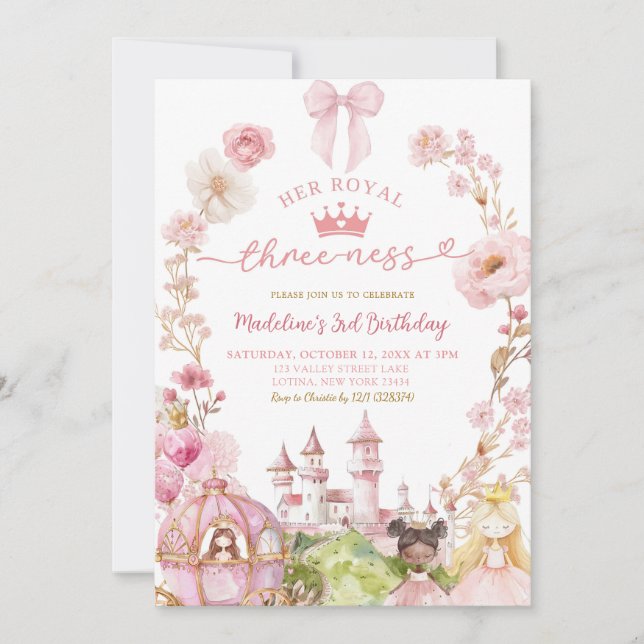 Invitation Pink Bow Coquette Princess Kingdom 3rd Birthday (Devant)