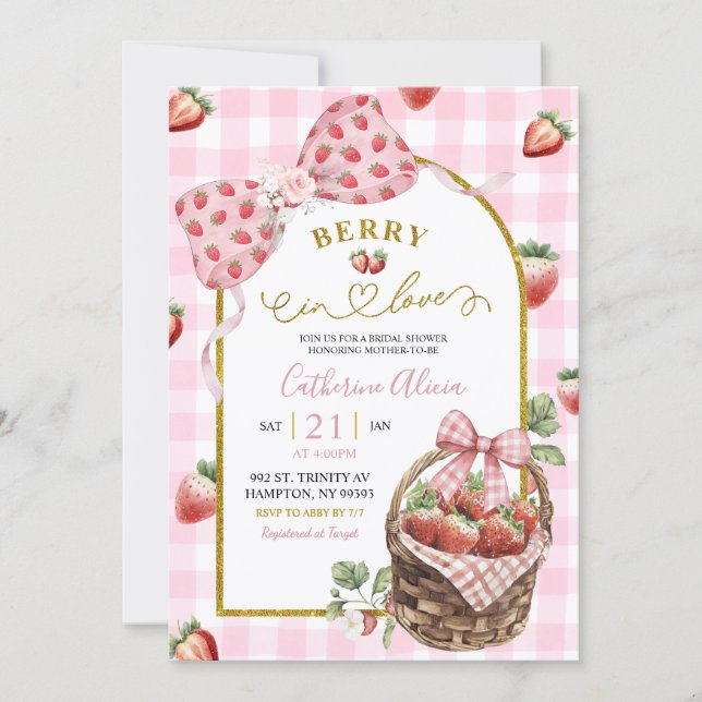 Invitation Pink Bow Coquette Strawberry Gingham Bridal Shower (Devant)