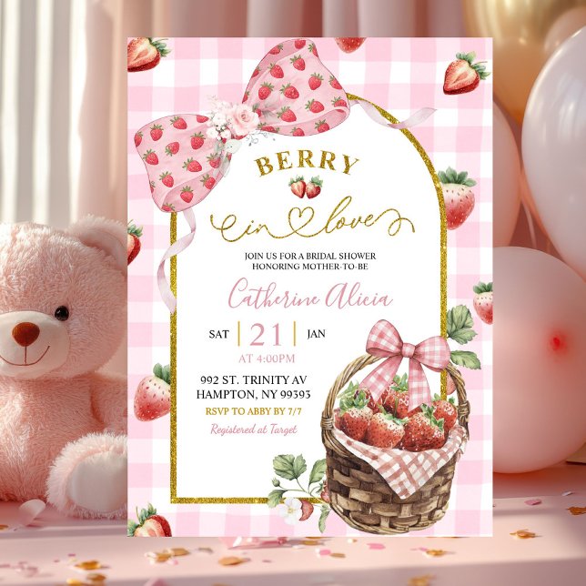 Invitation Pink Bow Coquette Strawberry Gingham Bridal Shower (Créateur téléchargé)