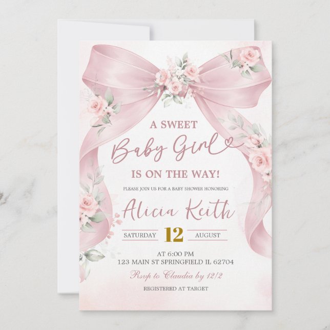 Invitation Pink Bow Coquette sweet baby girl is on the way (Devant)