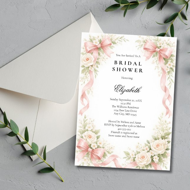 Invitation Pink Bow Coquette White Rose Florals Bridal Shower (Pink Coquette Bow, White Roses Florals, Watercolor  Bridal Shower Invitation. Printed or Digital)