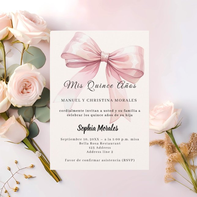 Invitation Pink bow cream elegant Quinceanera (Créateur téléchargé)