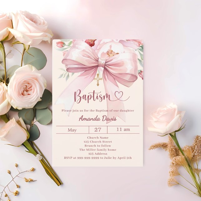 Invitation Pink bow cream florals girl Baptism (Créateur téléchargé)