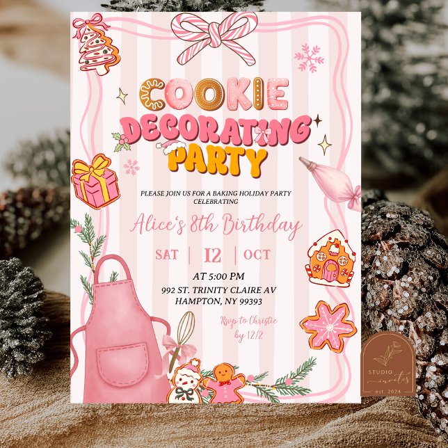 Invitation Pink Bow Cute Retro Cookie Decorating Party (Créateur téléchargé)