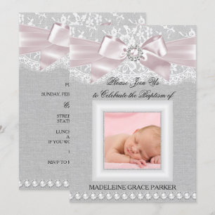 Invitation Pink Bow & dentelle photo Baptême / Christening In