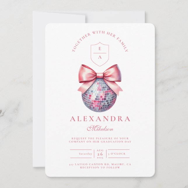 Invitation Pink Bow Disco Ball Party (Devant)