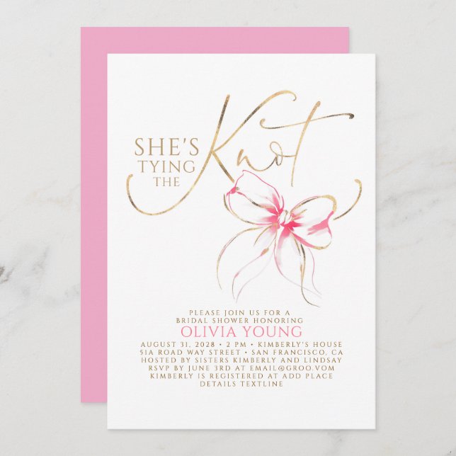 Invitation Pink Bow Elegant Modern Minimalist Bridal Shower (Devant / Derrière)