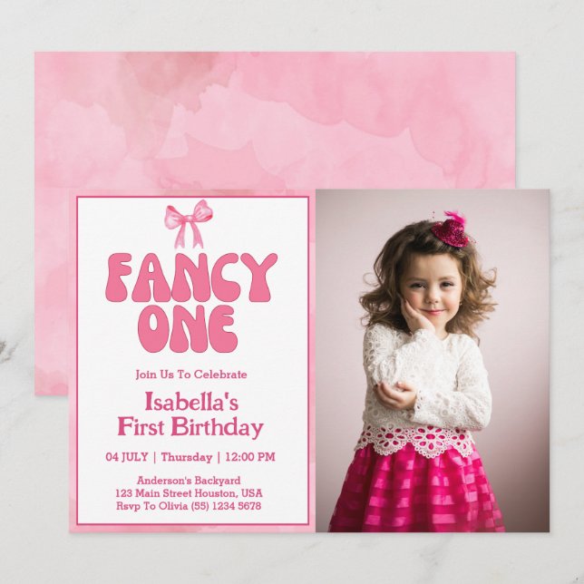 Invitation Pink Bow Fancy One Coquette Girl 1er anniversaire (Devant / Derrière)